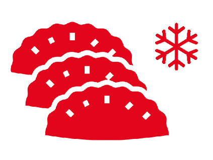 Red gyoza dumplings, snowflake, and the number 4.