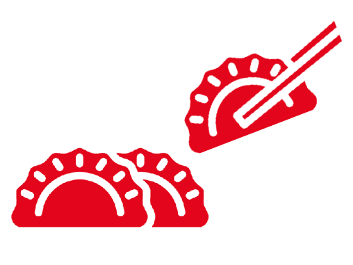 Red gyoza dumplings with chopsticks, white background, and the number "7".