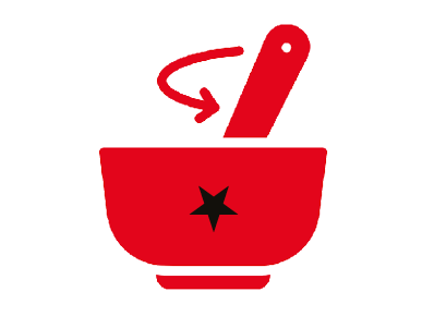 Red bowl and pestle mixing ingredients, with the number 2 below.