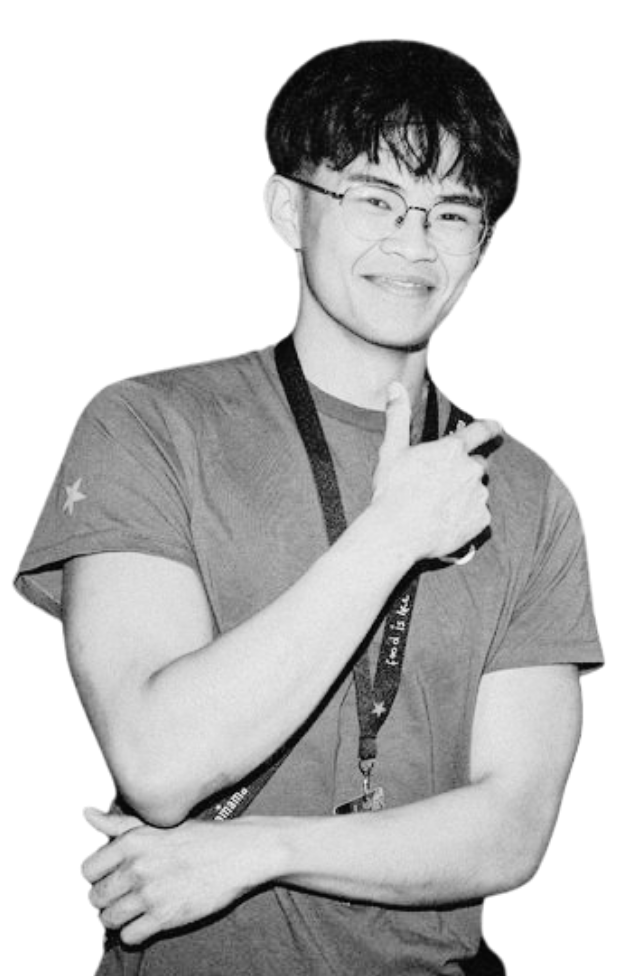 A smiling young Asian man with short dark hair and glasses, wearing a T-shirt and a lanyard.
