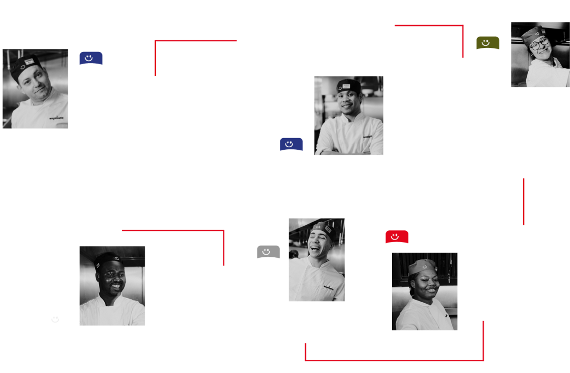 Black and white portraits of diverse restaurant staff in uniforms connected by red lines.