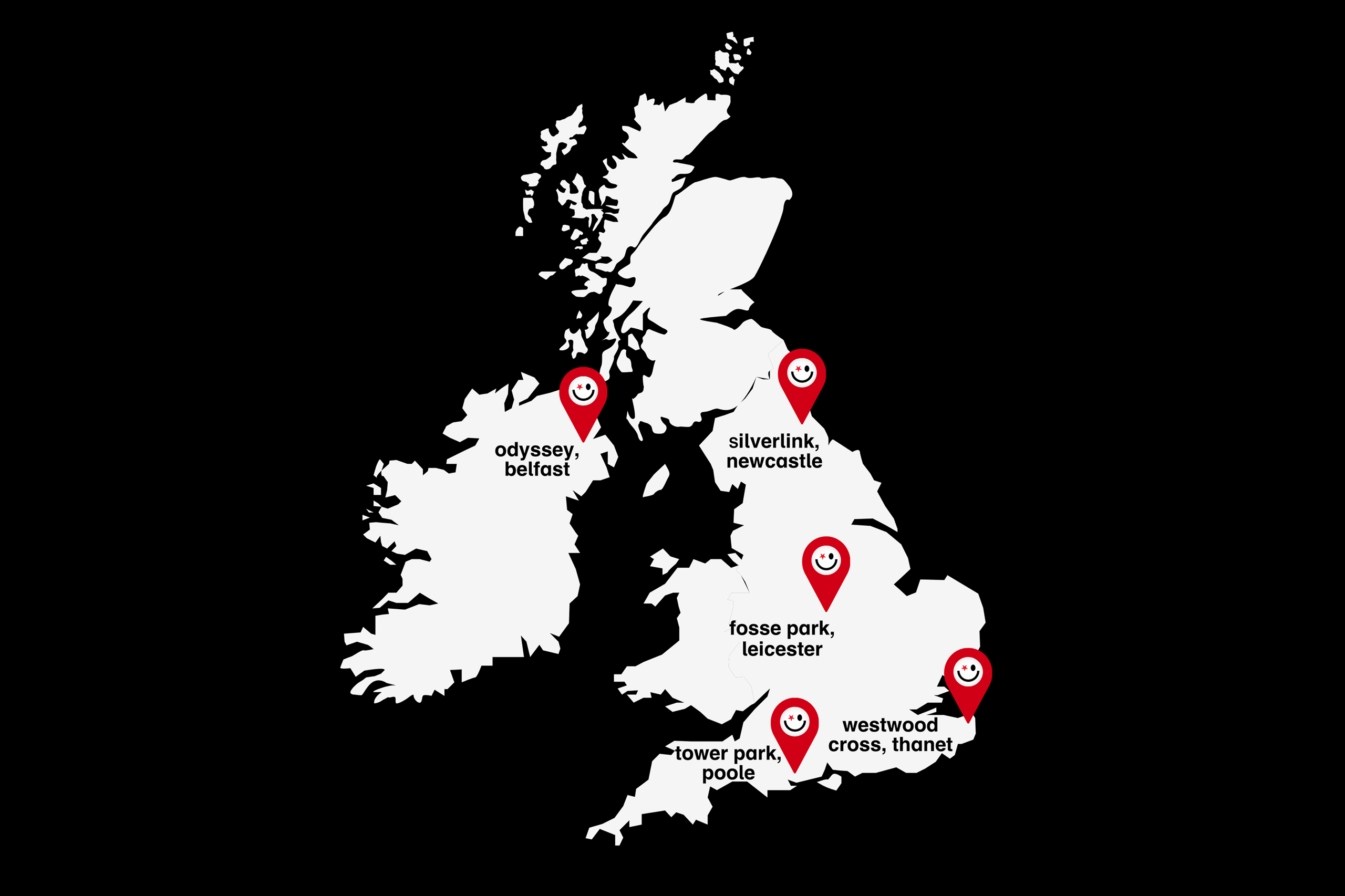 Map of the UK showing store locations in Belfast, Newcastle, Leicester, Thanet, and Poole.