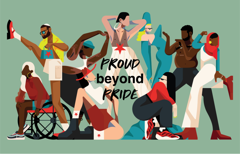 A diverse group of people posing together with the text Proud beyond PRIDE in the center.