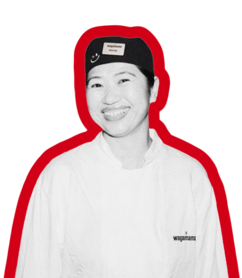 A smiling Wagamama staff member wearing a branded hat and uniform, outlined in a thick red glow.