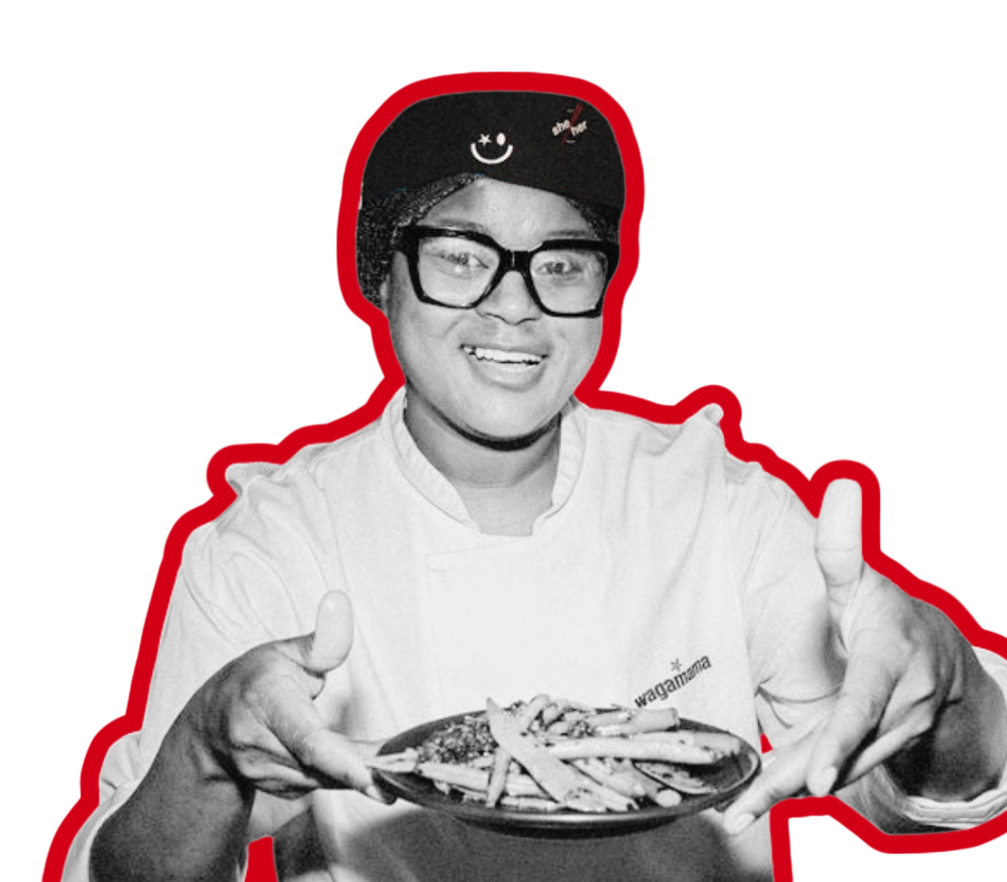 A black and white portrait of a Wagamama chef wearing a branded hat and glasses, holding a plate.