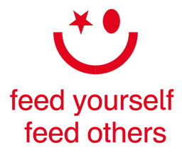 A red graphic of a smiling face with a star eye, with the text 'feed yourself feed others' below.