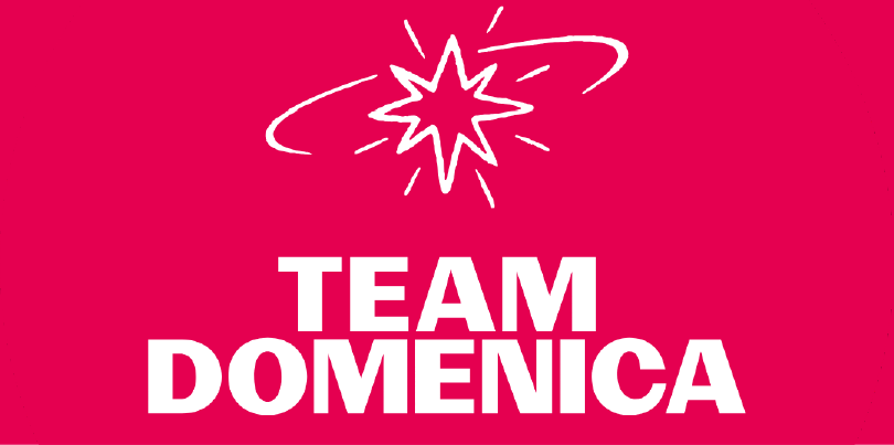 A pink badge featuring a white star icon with a curved line and the text Team Domenica below.