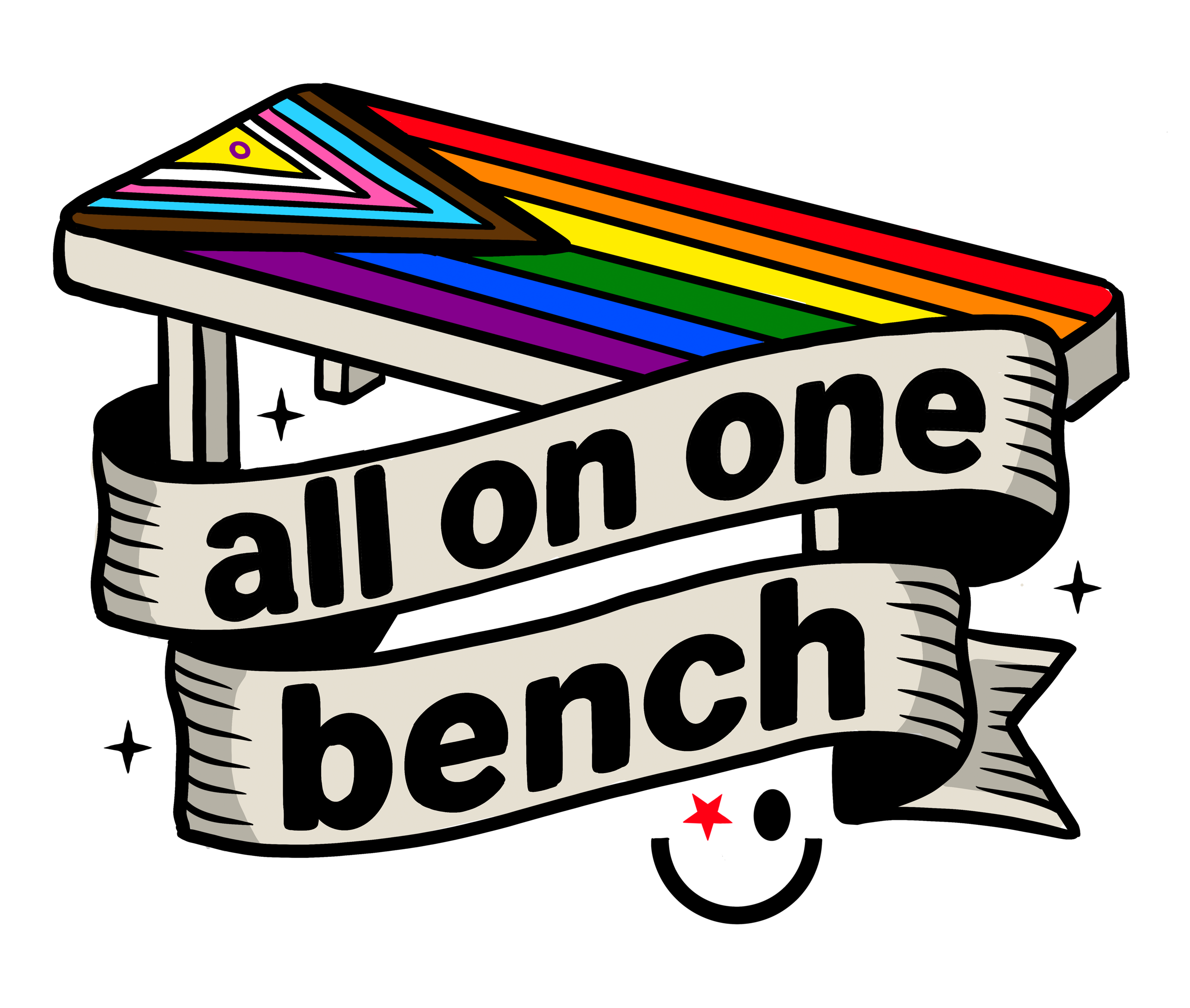 A bench painted with the Progress Pride flag, wrapped in a banner that says 'all on one bench'.